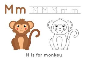 pagina da colorare e tracciare con la lettera m e una scimmia simpatico cartone animato. vettore