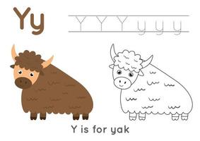 pagina da colorare con la lettera y e yak simpatico cartone animato. vettore