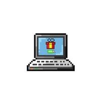 il computer portatile con regalo schermo nel pixel arte stile vettore