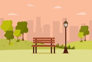 panchina in legno del parco cittadino, prato e alberi, pattumiera. passerella e lampione. città e parco cittadino paesaggio nature.vector illustrazione