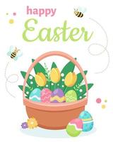 auguri di buona Pasqua. cestino con uova di Pasqua e fiori. illustrazione vettoriale