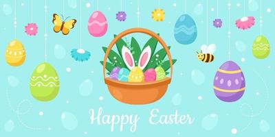 auguri di buona Pasqua. cestino con uova di Pasqua, fiori, api, farfalle. illustrazione vettoriale