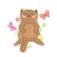 simpatico gattino rosso dorme sull'erba con farfalle e fiori intorno. felice gatto rilassante. illustrazione piatta. vettore