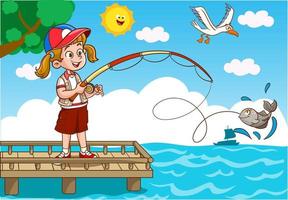 bambini pesca nel il mare cartone animato vettore