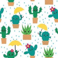 cartone animato cactus nel pentole con gli ombrelli. vettore