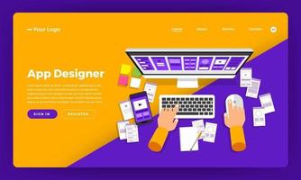 designer di app che sviluppa mockup di siti Web vettore