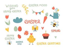 set di simpatici personaggi dei cartoni animati di Pasqua ed elementi di design. scritte di Pasqua, pollo, uova e fiori. illustrazione vettoriale. vettore