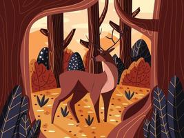 illustrazione colorata ritratto di bel cervo rosso cervo nella foresta all'alba. animale selvatico disegnato a mano. vettore.