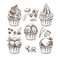 un' disegnato a mano schizzo di ghiaccio crema palle, congelato Yogurt o cupcakes nel tazze. mirtilli, fragole, vaniglia baccelli, cioccolato. impostare. Vintage ▾ illustrazione. vettore