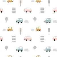 vettore di colore pastello doodle automobili scandinave con strisce pedonali e semafori. modello di neonato senza soluzione di continuità. texture per carta da parati, riempimenti, sfondo della pagina web