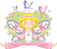 carino cartone animato yoga ragazza con Ali e farfalle illustrazione vettore