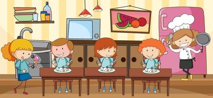 scena della cucina con molti bambini doodle personaggio dei cartoni animati vettore