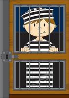 cartone animato prigioniero nel prigione cellula indossare un' classico a strisce prigione uniforme vettore