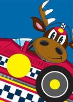 carino cartone animato renna da corsa autista nel gli sport auto vettore
