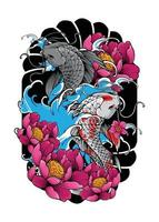 koi pesce con giapponese onda e fiori tatuaggio giapponese illustrazione stile isolato vettore. modificabile strato e colore. vettore