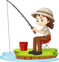 un personaggio dei cartoni animati di ragazza seduta e pesca su sfondo bianco vettore