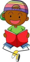 un bambino scarabocchio che legge un personaggio dei cartoni animati del libro isolato vettore