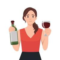 giovane contento sorridente donna tostatura con vino bicchiere e Tenere bottiglia di vino, chiede persone per aderire suo. vettore