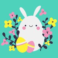 carino Pasqua coniglietto con Pasqua uova e fiori vettore illustrazione per manifesto, sociale bandiera o saluti carta. contento Pasqua celebrazione.