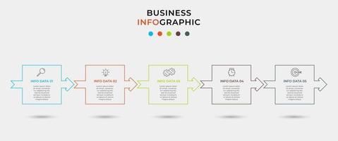 modello di infografica aziendale minimo. timeline con 5 passaggi, opzioni e icone di marketing .vector infografica lineare con due elementi collegati a cerchio. può essere utilizzato per la presentazione vettore