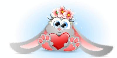 carino soffice cartone animato grigio coniglietto con grande rosso cuore e ghirlanda di fiori. vettore