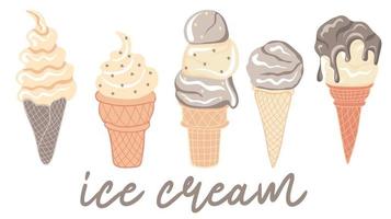 collezione di vaniglia e cioccolato ghiaccio crema nel wafer cono isolato su bianca sfondo vettore