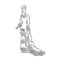 antica signora vestita. vecchia illustrazione vettoriale di moda. donna vittoriana in abito storico. disegno stilizzato vintage, stile retrò xilografia. abito retrò, disegno vettoriale su sfondo bianco