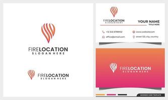 logo design fuoco e fiamma con concetto di posizione pin e set di modelli di biglietto da visita vettore