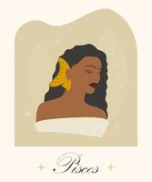 Pesci zodiaco cartello nero donna cartone animato vettore illustrazione. astrologico simbolo personalità, giovane afro signora nel beige. personaggio per commerciale, stampa design