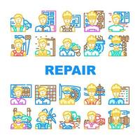 riparazione lavoratore attrezzatura lavoro icone impostato vettore