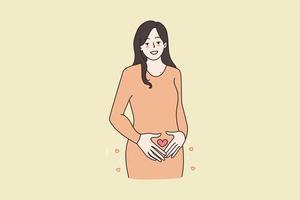 ritratto di contento incinta donna con cuore dipinto su pancia eccitato per essere aspettandosi bambino. sorridente femmina prendere cura di donne Salute. gravidanza, ivf trattamento concetto. piatto vettore illustrazione.