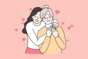 contento famiglia donne generazioni concetto. giovane ragazza e sua nonna in piedi abbracciare sorridente sensazione grande insieme vettore illustrazione