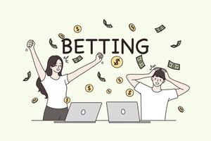 in linea scommesse e scommessa servizio concetto. gli sport gioco. giovane contento sorridente coppia cartone animato personaggi in piedi Guardando in linea gli sport trasmissione vincente tanto i soldi su scommesse vettore illustrazione