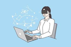 virtuale la realtà a opera concetto. giovane sorridente casuale donna d'affari seduta a il computer portatile nel ufficio nel virtuale la realtà cuffia Lavorando nel programma vettore illustrazione