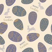 senza soluzione di continuità modello per il Pasqua vacanza. viola e verde uova dipinto con modelli su beige sfondo, conigli e contento Pasqua iscrizioni. per Pasqua carte, striscione, tessili, sfondi. vettore