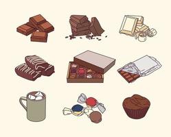 una varietà di dolci al cioccolato. vettore