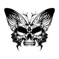 un' sbalorditivo nero e bianca linea arte illustrazione di un' cranio con un' farfalla corpo, intricatamente mano disegnato per catturare suo bellezza e mistero vettore