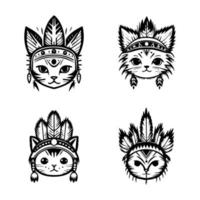 carino kawaii gatto testa logo indossare indiano capo Accessori collezione impostato mano disegnato illustrazione vettore