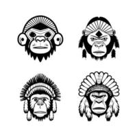 sguinzagliare il selvaggio lato con nostro carino kawaii gorilla testa indossare indiano capo Accessori collezione. mano disegnato con amore, queste illustrazioni siamo sicuro per Inserisci un' toccare di forza e giocosità vettore