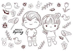 primavera elementi nel carino scarabocchio cartone animato stile vettore illustrazione. primavera ragazzo e ragazza nel fioritura concetto.