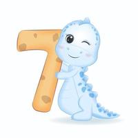 carino blu dinosauro con numero 7, cartone animato illustrazione vettore