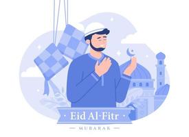 un' uomo saluto eid mubarak sfondo. moderno vettore piatto illustrazione