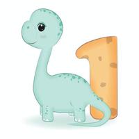 carino dinosauro con numero 1, cartone animato illustrazione vettore