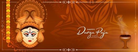 Durga puja e contento Navratri dea culto Festival culturale saluto bandiera vettore
