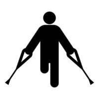 uomo con rotto gamba stampella canna gesso piede bastone utilizzando bastoni persona stampelle trauma concetto icona nero colore vettore illustrazione Immagine piatto stile