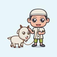 carino musulmano ragazzo cartone animato con capra vettore