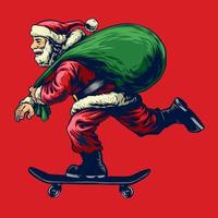 Santa Claus equitazione skateboard mentre portando un' pieno Borsa di natale i regali vettore