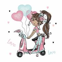 carina ragazza adolescente dalla pelle scura si trova vicino al suo scooter con cuori di palloncini. carta di San Valentino. vettore. vettore