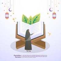 la donna musulmana legge il Corano nel mese di Ramadan. illustrazione concetto di ramadan kareem vettore