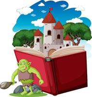 personaggio dei cartoni animati di goblin o troll con un libro di storie vettore